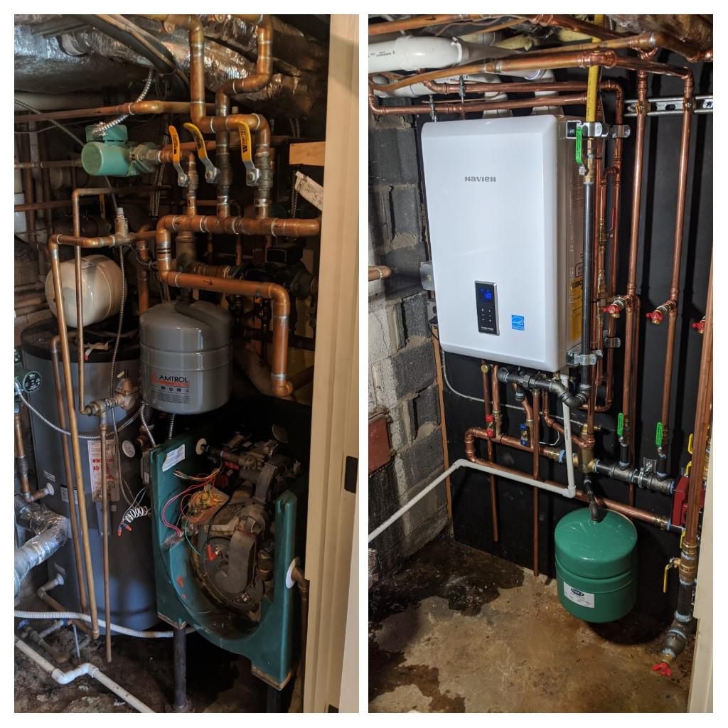Old boiler system replaced with modern Navien tankless water heater