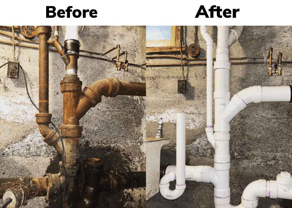 Rusted iron pipes replaced with new white PVC plumbing